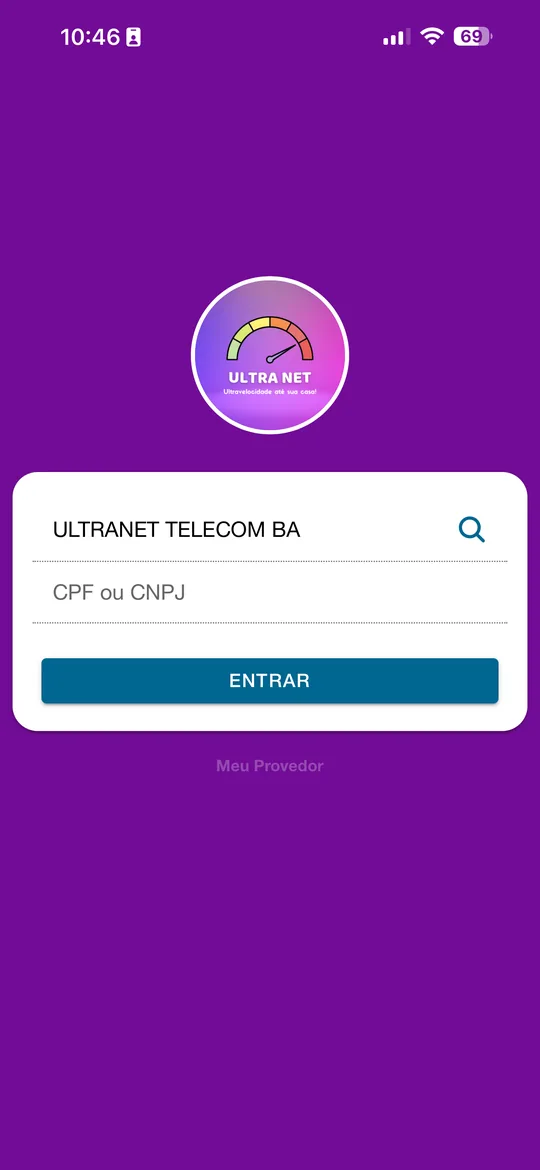 Tela de acesso do aplicativo MeuAppProvedor personalizado para a UltraNet