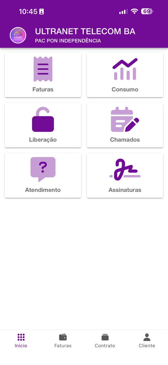 Painel do aplicativo com atalhos para faturas, consumo, chamados e atendimento